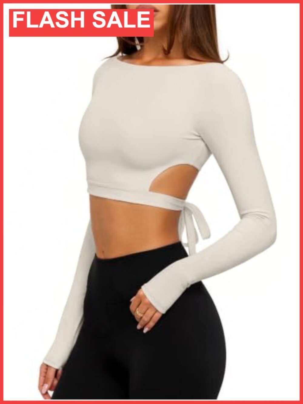 Double Lined Long Sleeve Workout Crop Top Tie Back Fitted Pullover